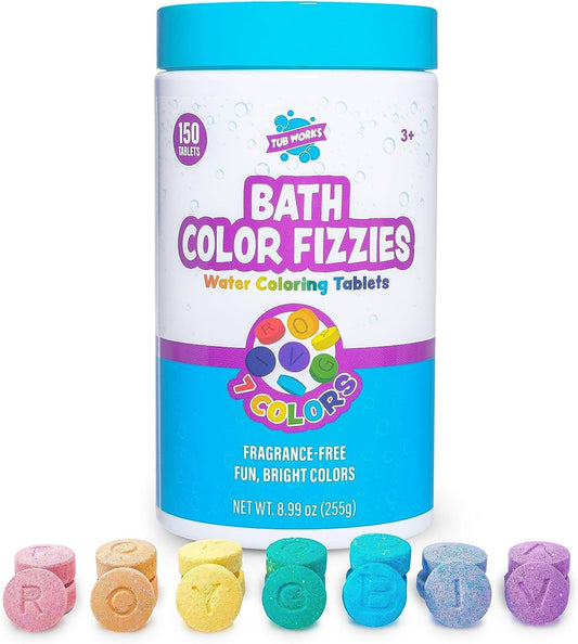 Tub Works® Bath Color Fizzies, 150 Count | Nontoxic & Fragrance-Free | Fizzy, Bath Color Tablets for Kids | Create Fun Bath Colors | Water Tablets in 7 Colors for Variety | Bath Bombs for Kids Bath