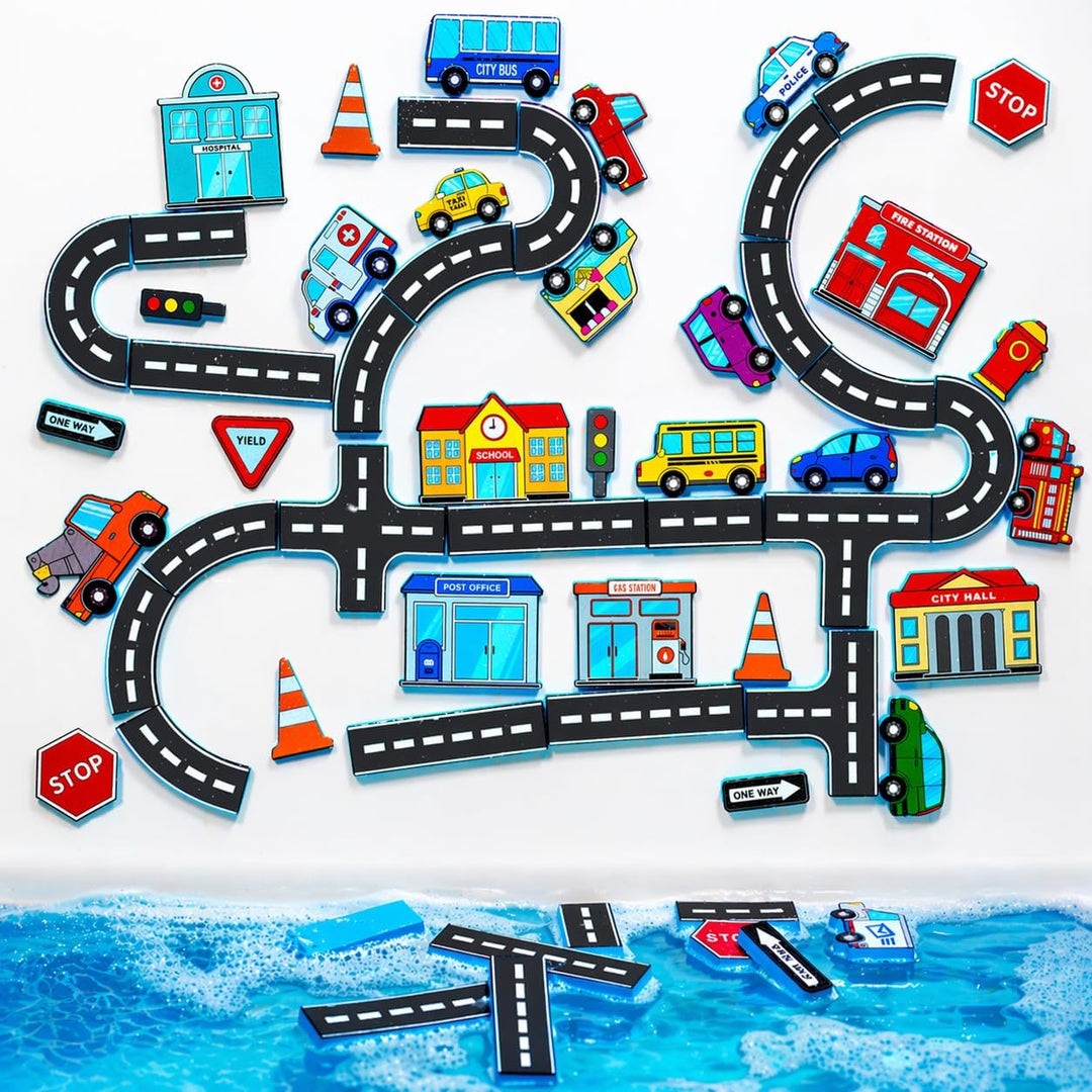 Tub Works® Tub City™ Stick, Build & Drive Toddler Bath Toy | 52 Foam Bath Stickers