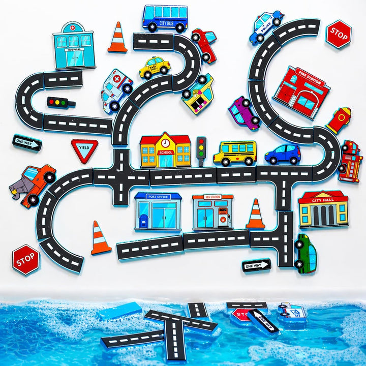 Tub Works® Tub City™ Stick, Build & Drive Toddler Bath Toy | 52 Foam Bath Stickers
