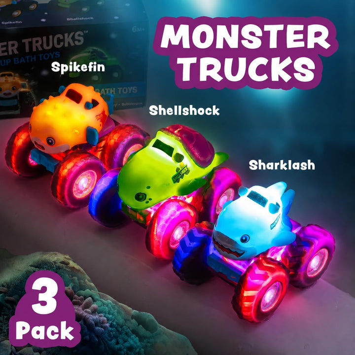 Tub Works® Monster Trucks™ Light Up Bath Toys, 3 Pack, Shark, Sea Turtle & Pufferfish