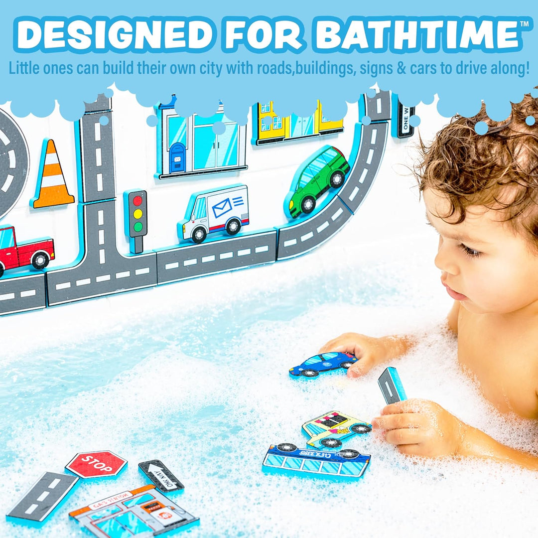 Tub Works® Tub City™ Stick, Build & Drive Toddler Bath Toy | 52 Foam Bath Stickers