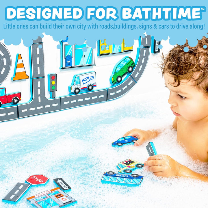 Tub Works® Tub City™ Stick, Build & Drive Toddler Bath Toy | 52 Foam Bath Stickers