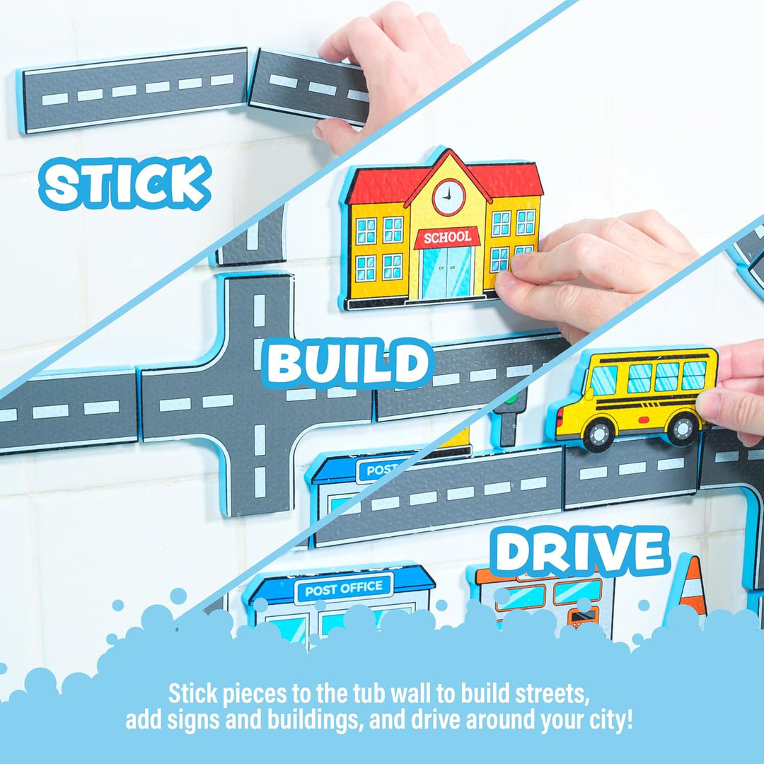 Tub Works® Tub City™ Stick, Build & Drive Toddler Bath Toy | 52 Foam Bath Stickers