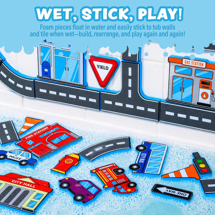 Tub Works® Tub City™ Stick, Build & Drive Toddler Bath Toy | 52 Foam Bath Stickers