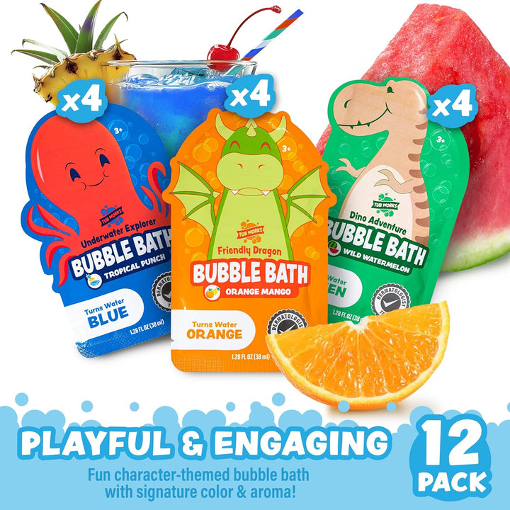 Tub Works® Magical Kids Bubble Bath, Variety 12 Pack | Green, Blue & Orange Bath Colors