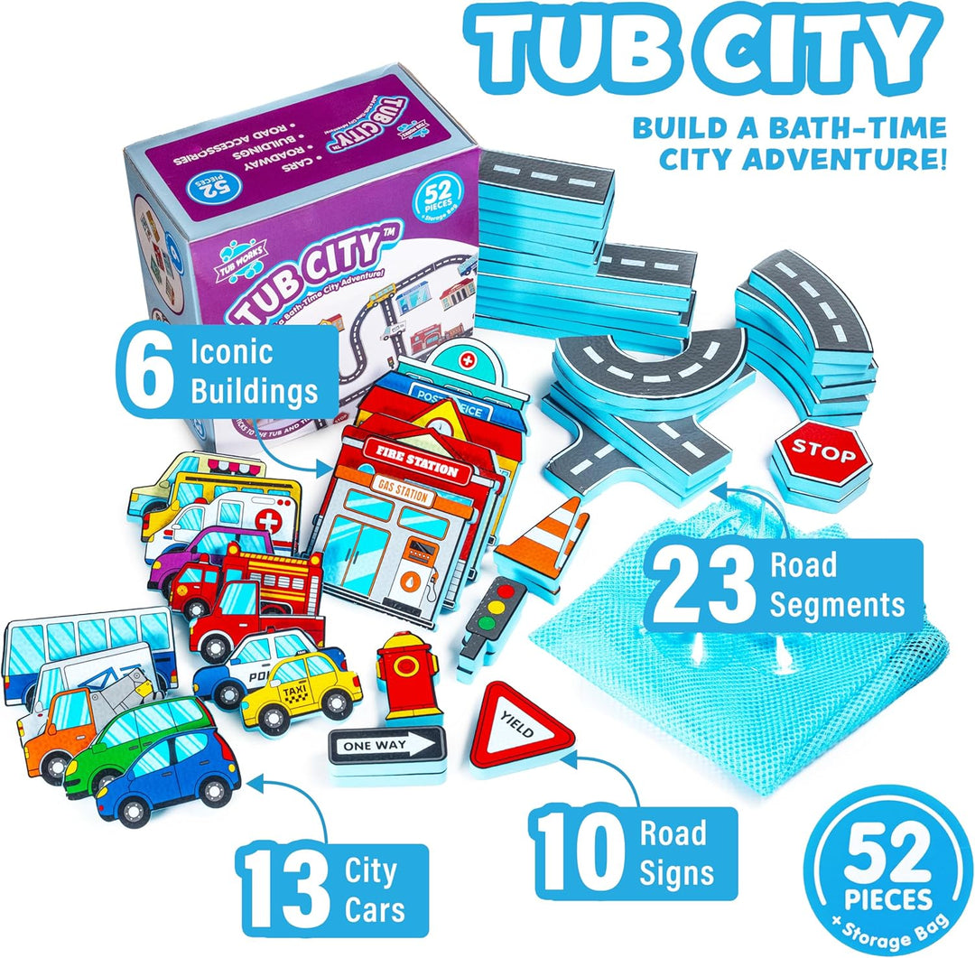 Tub Works® Tub City™ Stick, Build & Drive Toddler Bath Toy | 52 Foam Bath Stickers
