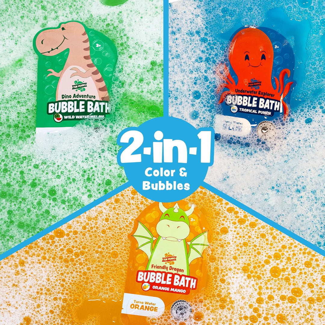 Tub Works® Magical Kids Bubble Bath, Variety 12 Pack | Green, Blue & Orange Bath Colors
