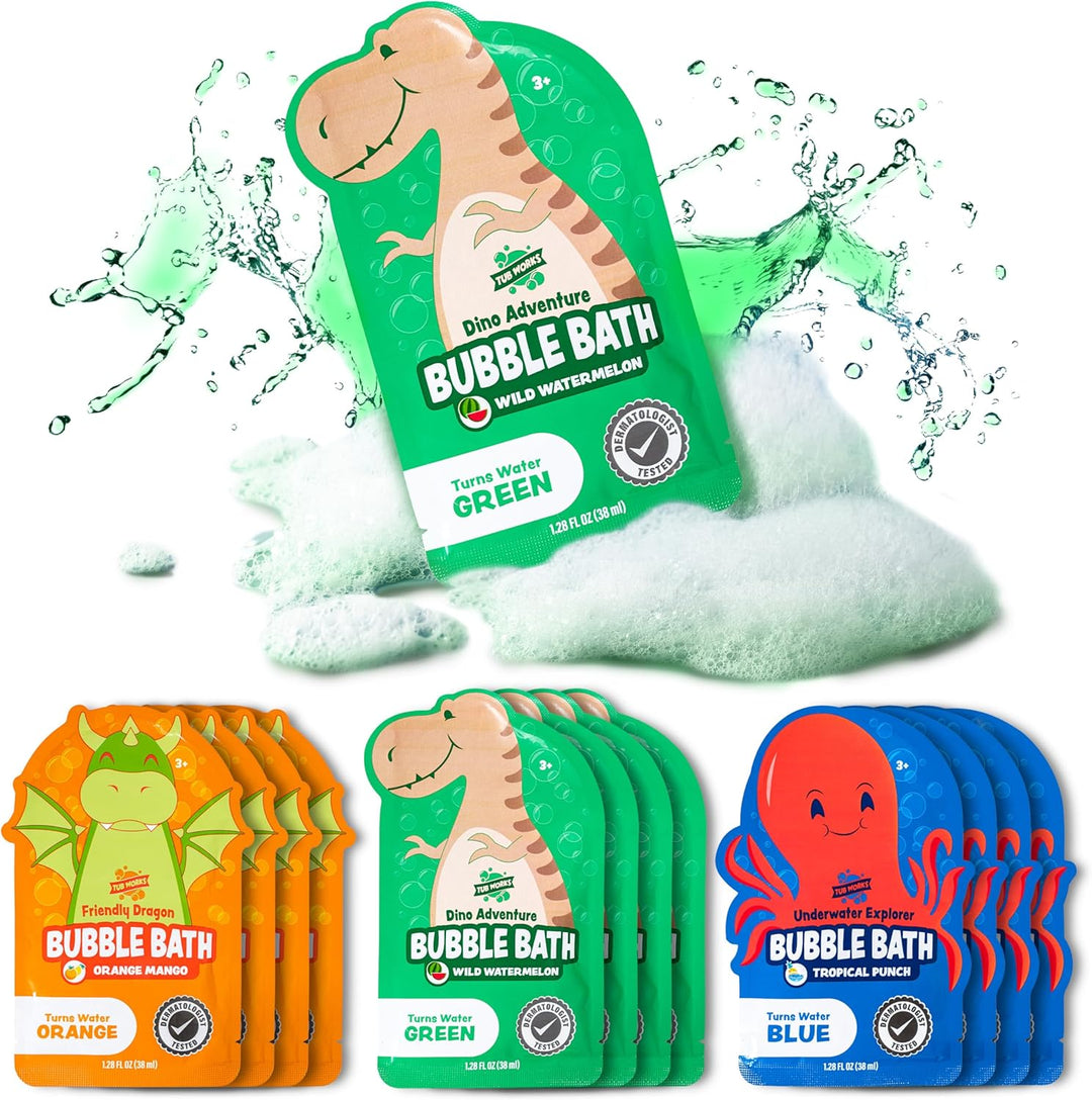 Tub Works® Magical Kids Bubble Bath, Variety 12 Pack | Green, Blue & Orange Bath Colors