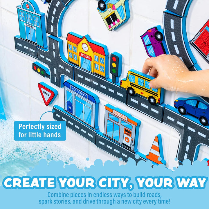 Tub Works® Tub City™ Stick, Build & Drive Toddler Bath Toy | 52 Foam Bath Stickers